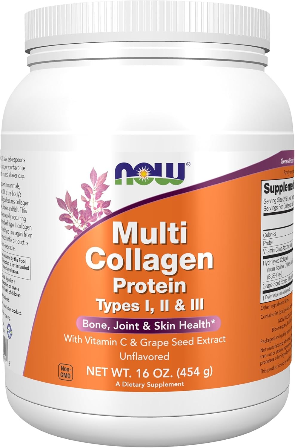 Now Foods Multi Collagen Protein Bone Joint and Skin Health With Vitamin C & Grape Seed Extract Flavored 16 oz (454 g)