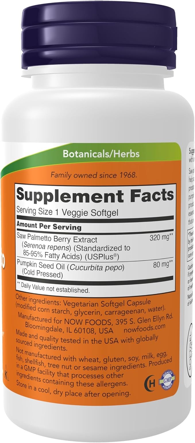 NOW Supplements Saw Palmetto Extract 320 mg with Pumpkin Seed Oil Men's Health 90 Veg Softgels thumbnail 2