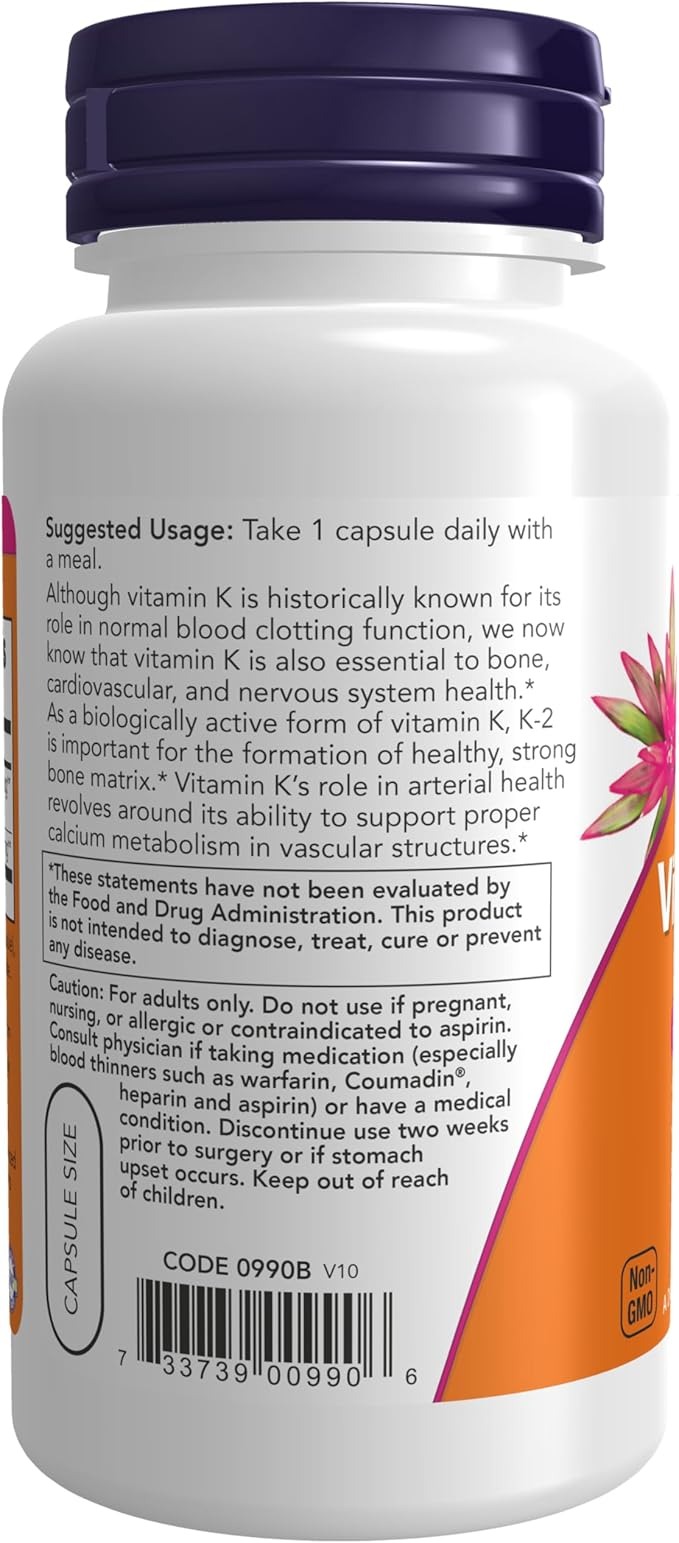 NOW Foods Supplements Vitamin K-2 100 mcg Menaquinone-4 (MK-4) Supports Bone Health 100 Veg Capsules thumbnail 2