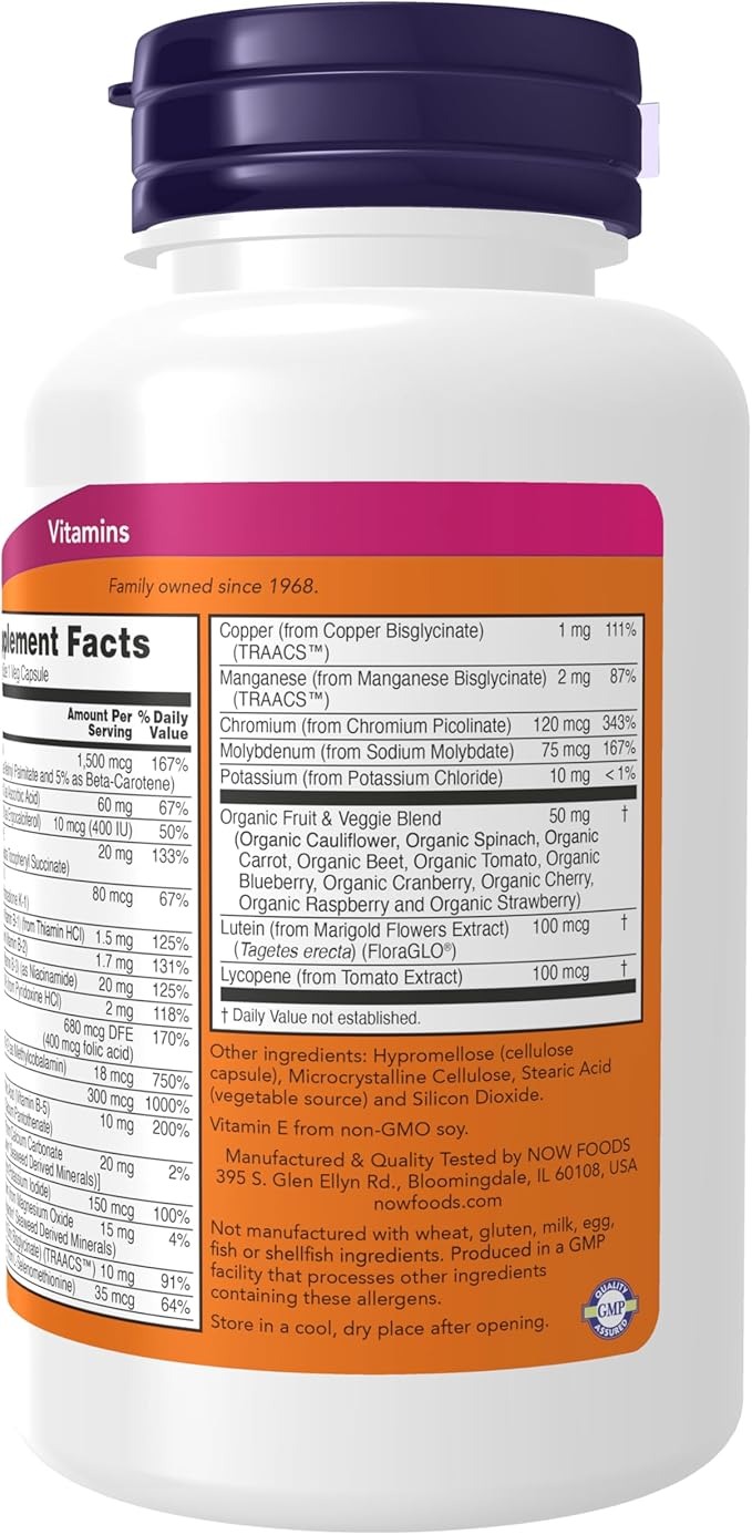 NOW Foods Daily Vits Multi Vitamin & Mineral with Fruit & Veggie Blend, Lutein and Lycopene 120 Veg Capsules thumbnail 2